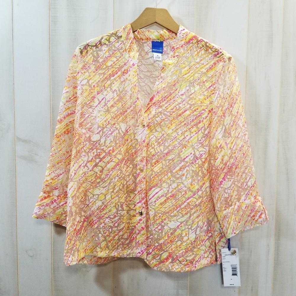 NWT Sapphire Star Pink Yellow Floral Sheer Top 14